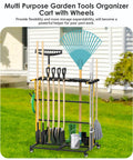 Mobile Garage Tool Organizer Cart On Wheels For Home And Garden in yellow on grass, storing long-handled garden tools.