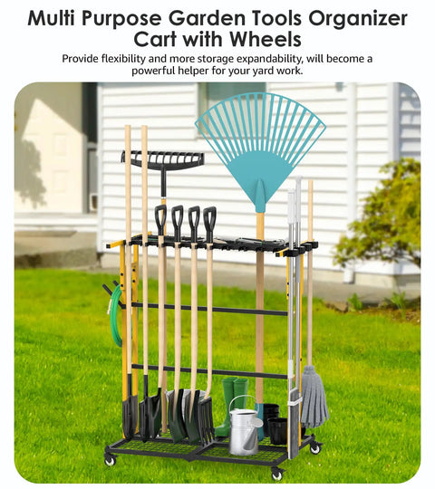 Mobile Garage Tool Organizer Cart On Wheels For Home And Garden in yellow on grass, storing long-handled garden tools.