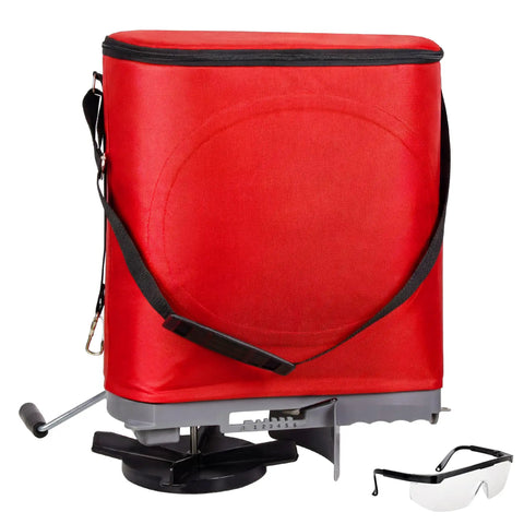 25 Lb Handheld Seed Spreader With Enclosed Metal Gears, Rear Baffle, Adjustable Flow Control, Durable Oxford Bag, Red