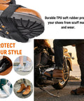 Heavy Duty Rubber Motorcycle Shifter Pad Anti Slip Gear Lever Grip With Adjustable Elastic Strap on brown boot.