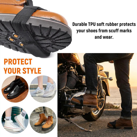 Heavy Duty Rubber Motorcycle Shifter Pad Anti Slip Gear Lever Grip With Adjustable Elastic Strap on brown boot.