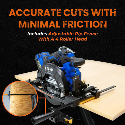 Precision Rolling Cut Guide For Right Blade Circular Saws transforms saw with adjustable rip fence on plywood.