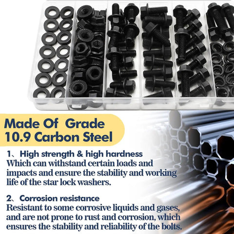 M8-1.25 Flange Bolt Kit 160-Piece With 8mm Bolts, open case showing serrated flange nuts and bolts, alloy steel, black oxide finish.
