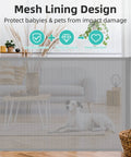 Retractable Baby Gate 33 Inch Tall Extends To 55 Inch Wide Mesh Safety Gate in living room with sofa and dog
