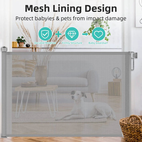 Retractable Baby Gate 33 Inch Tall Extends To 55 Inch Wide Mesh Safety Gate in living room with sofa and dog