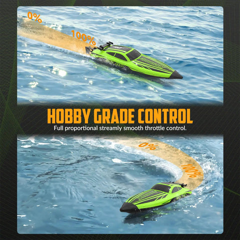 Brushless RC Boat For Adults With Dual Rechargeable Batteries, High Speed Remote Control Boat Reaching 30 Plus MPH On Lakes, Green 79705 showing throttle control in water
