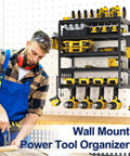 Rock Solid Five Tier Wall Mount Power Tool Organizer Rack For Garage Storage with drills and tools on display.