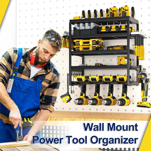 Rock Solid Five Tier Wall Mount Power Tool Organizer Rack For Garage Storage with drills and tools on display.