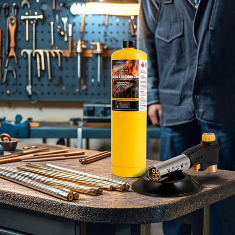 Beefy Propane Torch Kit With 4 Flame Head Trigger Start Igniter Includes MAP Gas Tank Grill Torch on workbench