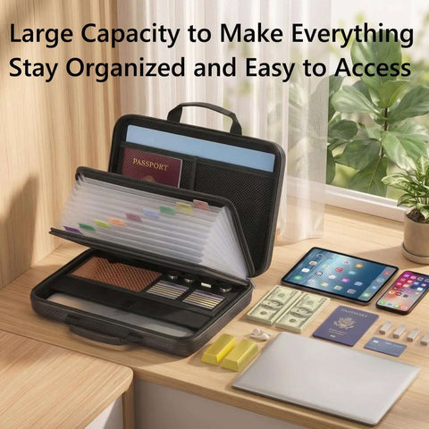 Hella Secure Fireproof Document Box With Lock And 13 Pocket Accordion File Folder open on desk, organizing passports and cash.