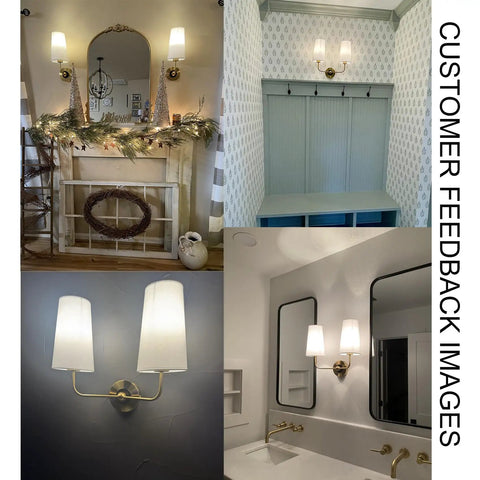 Modern Gold Wall Sconce With Fabric Shade Two Light Brushed Brass Vanity Bath Light in various room settings