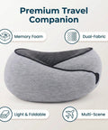 Memory Foam U Shaped Travel Neck Pillow With Plush Velvet Cover And Breathable Mesh For Neck Pain Relief During Flights Road Trips Car Rides And Desk Naps displayed with icons on a white background.
