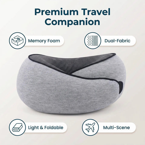 Memory Foam U Shaped Travel Neck Pillow With Plush Velvet Cover And Breathable Mesh For Neck Pain Relief During Flights Road Trips Car Rides And Desk Naps displayed with icons on a white background.