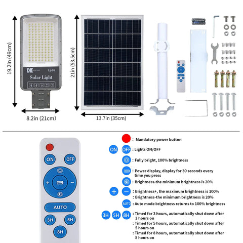 300W Solar Street Light With Remote, 6500K Daylight White, 24000 Lumens Dusk To Dawn Flood Light components including panel and remote