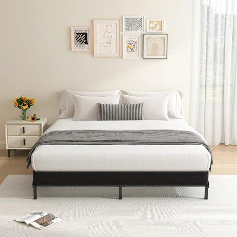 Heavy Duty King Box Spring Low Profile Metal Bed Base With Reinforced Steel Slats And Protective Cover in modern bedroom decor.