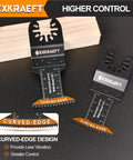 Badass 50 Piece Oscillating Tool Blade Set Featuring 45 Curved Edge And 5 Titanium Straight Cutters For Cutting Wood Plastic Drywall Metal Demolition Tasks Quick Swap Universal Lock showing two curved-edge blades on a workspace.