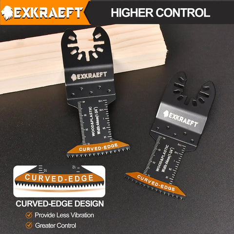 Badass 50 Piece Oscillating Tool Blade Set Featuring 45 Curved Edge And 5 Titanium Straight Cutters For Cutting Wood Plastic Drywall Metal Demolition Tasks Quick Swap Universal Lock showing two curved-edge blades on a workspace.