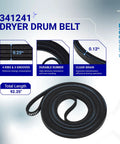 Close-up of 341241 dryer drum belt from the Dryer Repair Kit With Belt, Two Rear Drum Rollers, Idler Pulley, And Hardware For Whirlpool Kenmore Admiral Amana Dryers, DIY Ready Includes 349241T Rollers, 691366 Idler, 341241 Belt, Replaces AP3131942 And 587636.