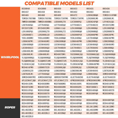 Compatible models list for Hot Shot Dryer Heating Element Replacement 279838 For Whirlpool Centennial and Kenmore.
