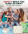 Family sitting on couch with 18 Pack Fire Suppression Stickers For Electrical Outlets And Power Strips Self Adhesive Heat Activated Fire Protection Pads No Power Needed Easy Install Home Safety Upgrade box displayed.