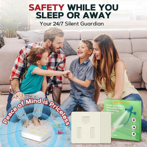 Family sitting on couch with 18 Pack Fire Suppression Stickers For Electrical Outlets And Power Strips Self Adhesive Heat Activated Fire Protection Pads No Power Needed Easy Install Home Safety Upgrade box displayed.