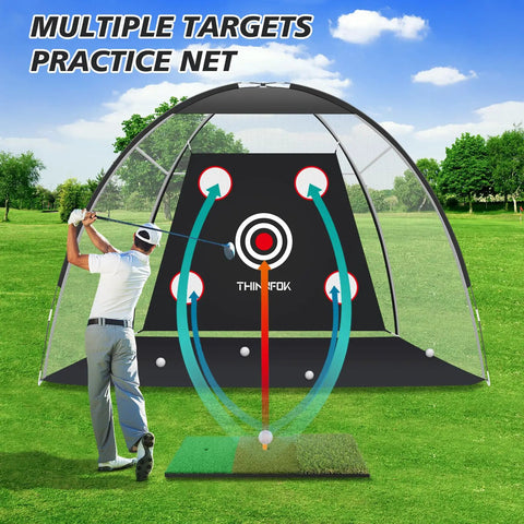 Golfer using 10x7ft Golf Practice Net With Tri Turf Mat And Real Balls Multi Target Chipping Area For Backyard Swing Practice Pro Grade