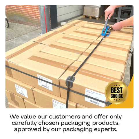 Worker using Heavy Duty Strapping Cart And Dispenser For PET Polyester Banding on stacked cardboard boxes.