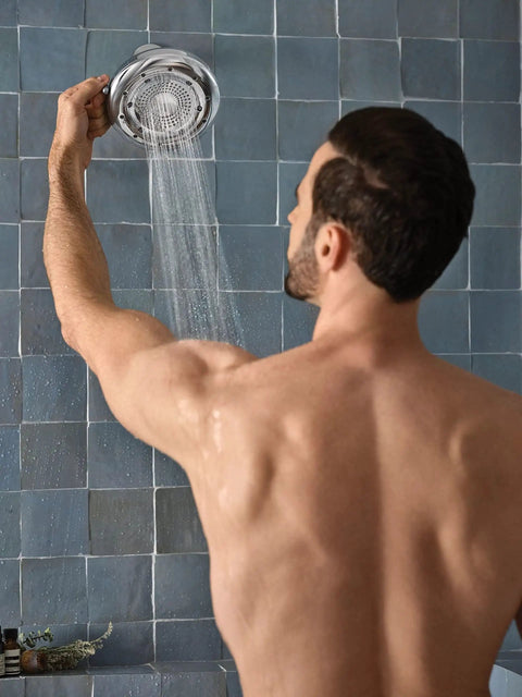 Quattro Rain Showerhead With Four Modes Relieve Soothe Clarify Cleanse For Spa Like Shower Experience While Saving Water Up To Fifty Percent Chrome Finish in use