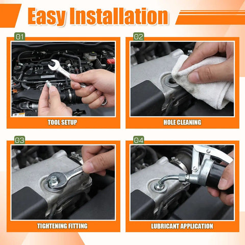 Installation process of 245 Piece Grease Fittings Assortment With SAE And Metric Zerk Fittings kit in automotive engine.