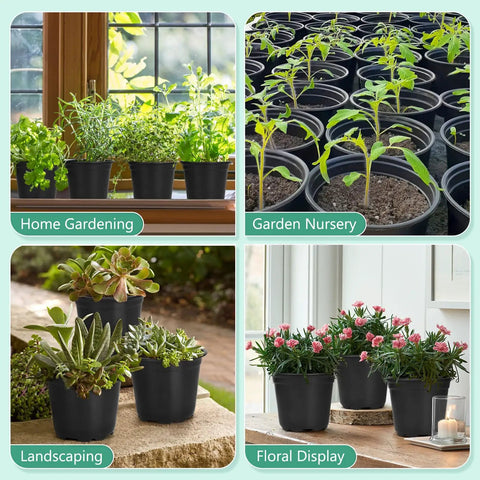 120 Pack 4 Inch Plastic Nursery Pots With Drainage Holes For Seedlings And Succulents, Lightweight Durable Plant Pots shown in various settings