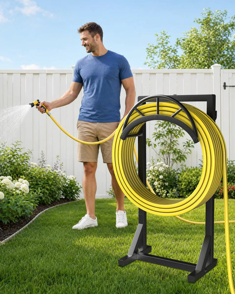 Sturdy Metal Hose Holder And Freestanding Hose Storage Rack With Two Tool Hooks For Outdoor Yards Farms And Lawns Black Finish