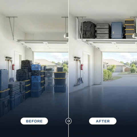 Kick Floor Space Back With This Tough As Nails 4X8 Ceiling Mounted Garage Storage Rack. Heavy Duty 500 Lb Capacity, Adjustable 24 To 45 Inch Drop Down Height, White Steel Build, Keeps Gear Stacked Safe Up Top