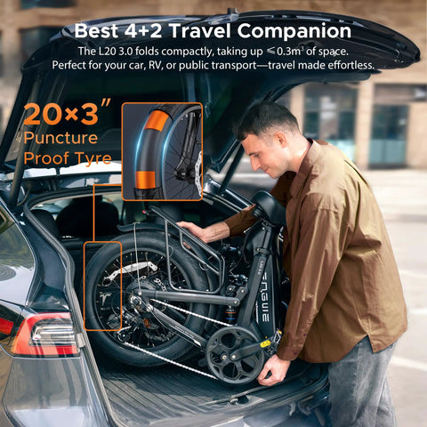 L20 3.0 Electric Bike For Adults With App IoT Anti Theft folded in car trunk highlighting 20x3 inch puncture-proof tire