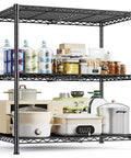 Beefy 3 Tier Adjustable Heavy Duty Metal Shelving Unit With Wire Storage Rack For Garage Pantry Or Workshop Sturdy Steel Shelves That Max Out Your Space Easy Assembly Flexible Tier Heights, 35.4x23.6x35.4 in filled with pantry items