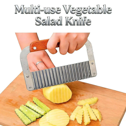 French fry slicer with wooden handle and stainless steel blades slicing potato on cutting board