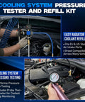 Grease Monkey Ready 33 Piece Cooling System Pressure Tester Kit With 23 Radiator Adapters, pressure testing on car engine.