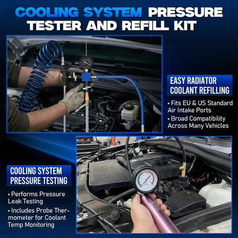 Grease Monkey Ready 33 Piece Cooling System Pressure Tester Kit With 23 Radiator Adapters, pressure testing on car engine.