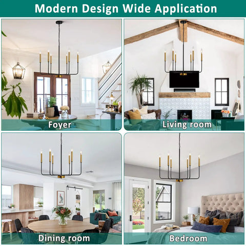 Modern Farmhouse Black And Gold 6 Light Candle Chandelier With Adjustable Height Chain And Rods Ceiling Light Fixture in various rooms