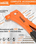 Heavy Duty Professional Rivet Gun Kit With 200 Aluminum Pop Rivets And 4 Drill Bits, showing electroplating nosepiece and drill bits.