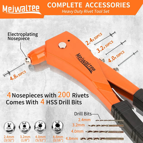 Heavy Duty Professional Rivet Gun Kit With 200 Aluminum Pop Rivets And 4 Drill Bits, showing electroplating nosepiece and drill bits.