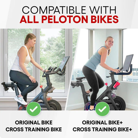 Women cycling on original and Bike+ with Dual Function Toe Cages For Peloton Pedals So You Can Roll In Sneakers Or Peloton Shoes.