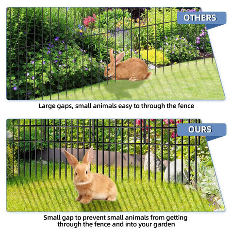 Comparison showing effectiveness of 25 Pack No Dig Garden Animal Barrier Fence Kit 17 Inch High By 27 Ft Long
