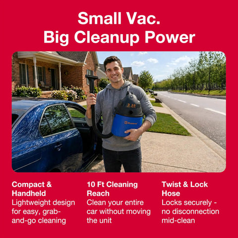 Person holding Wet Dry Shop Vac With 3 Gallon Tank And 2.0 Peak HP Motor in front of house, showcasing portable design
