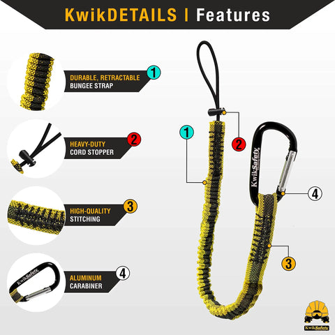 Durable bungee strap with heavy-duty cord stopper and aluminum carabiner, highlighting high-quality stitching features.