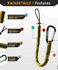 Durable bungee strap with aluminum carabiner and heavy-duty cord stopper, highlighting features for secure equipment attachment.