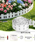 No Dig Plastic Garden Edging Border Kit With 90 Flexible Stakes White Picket Fence Style 50 Ft Lawn Border shown around flower bed