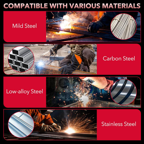 Diagram showing welding compatibility of Pro Grade 120 Amp MIG Welder Combo 3 In 1 Gasless Flux Core MIG Lift TIG And Stick Welder for 110V.