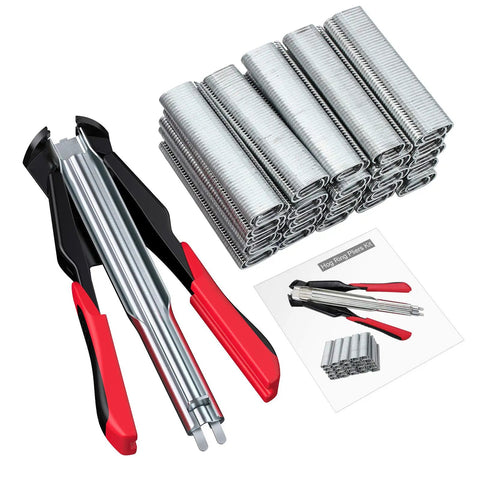 Manual Hog Ring Plier Kit 2500 Galvanized Steel Hog Rings, Auto Feed Hog Ring Gun with red handles, rings and manual