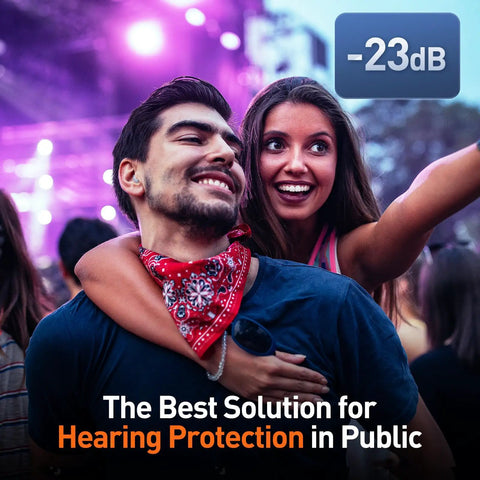 Couple enjoying a concert wearing High Fidelity Concert Ear Plugs for Loud Music Lovers and Musicians, Silicone Reusable Earplugs.