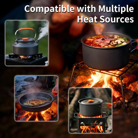 Collapsible Camping Cookware Set With Nonstick Pots, Pans, And Kettle For 2-4 People - Hard-Anodized Aluminum in action over fire